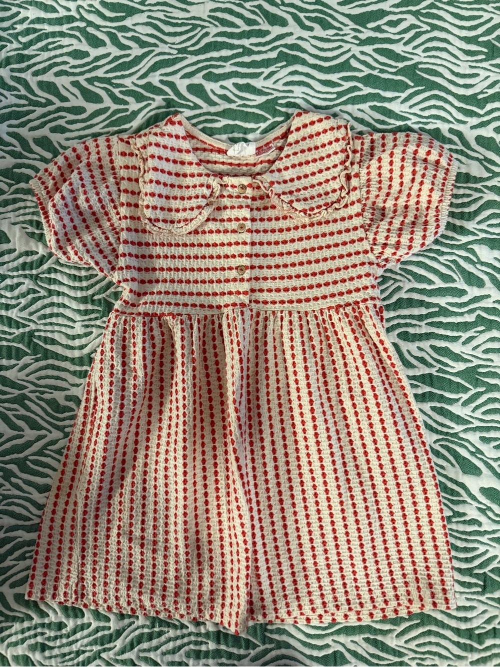 Zara Red and Cream Knit Puff-Sleeve Dress